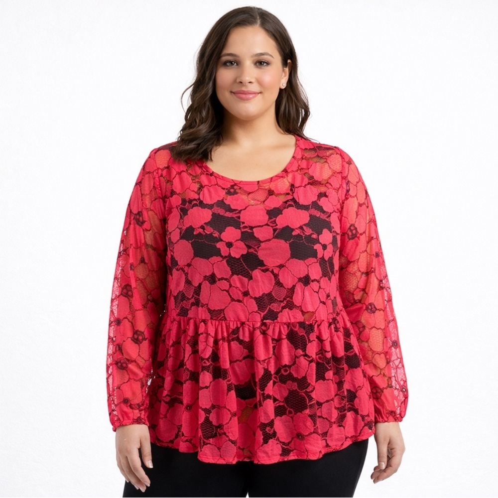 Lane Bryant Peplum Sheer Lace Top Blouse Tunic Coral Black 20 Puff Sleeve
